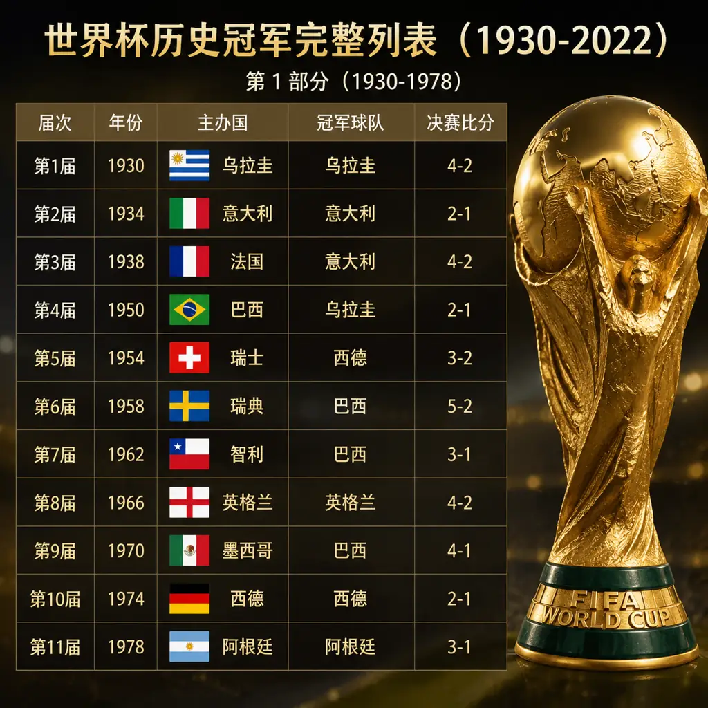 世界杯历史冠军完整列表（1930-2022）